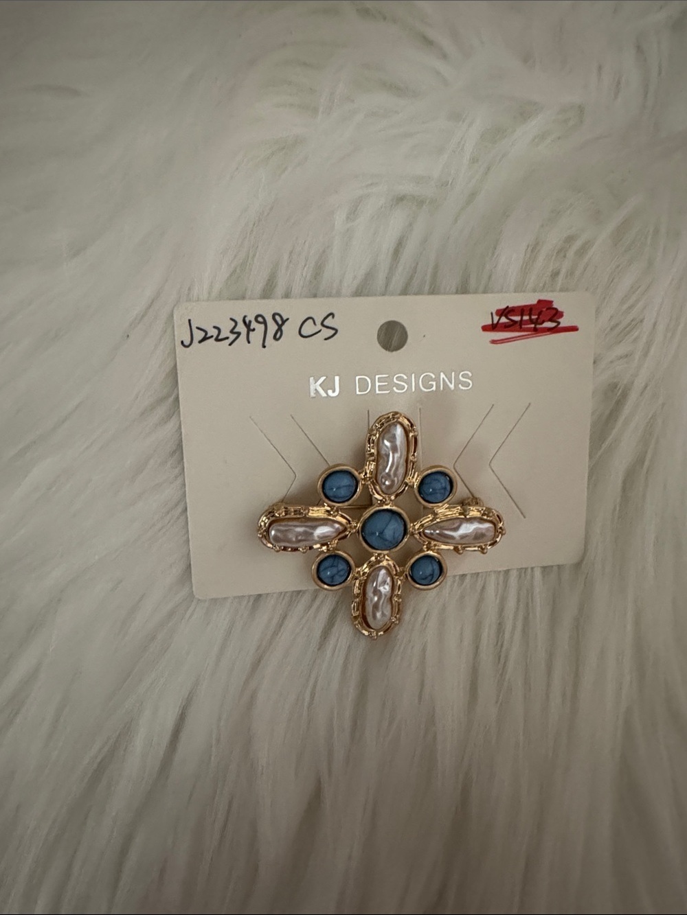 JK Designs Gold-Tone Brooch with Blue and Pearl Accents